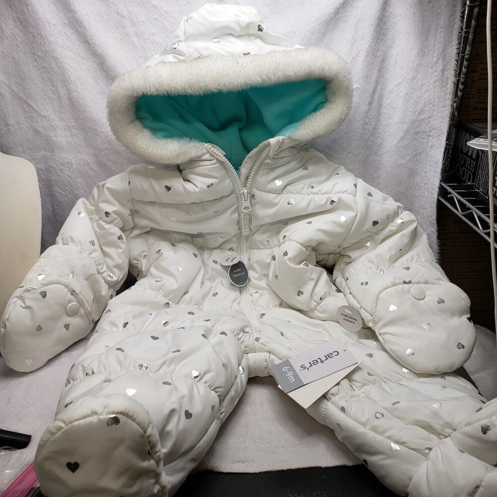 NWT Carters Baby Snowsuit 6-9 Mth White W/silver Stars And Teal Fleese Lining